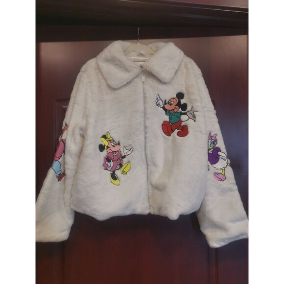 Disney Jacket Women Large Mickey Mouse Minnie Daisy Donald Faux Fur Zip Core New - Picture 1 of 9